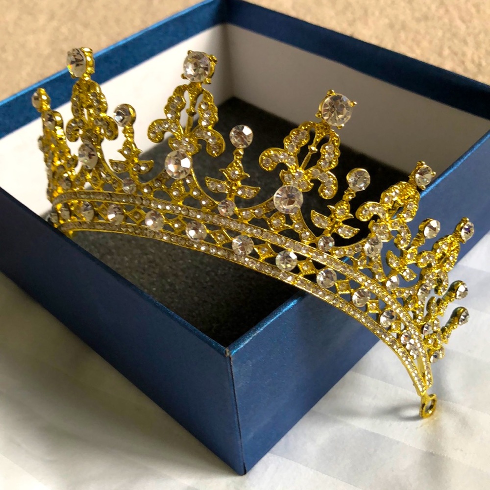 Gold Crown Tiara Headpiece with Rhinestones